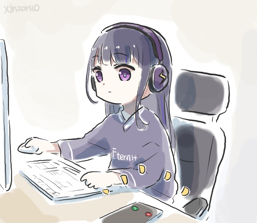 1girl alternate_costume artist_name at_computer blunt_bangs cellphone chair chibi clothes_writing commentary contemporary english_commentary genshin_impact headphones keyboard_(computer) long_hair looking_at_phone mouse_(computer) office_chair phone purple_hair raiden_shogun sidelocks smartphone solo sound_effects swivel_chair violet_eyes xinzoruo