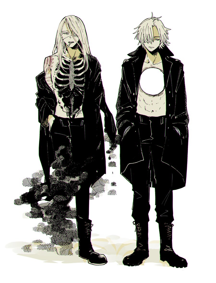 2boys abs black_coat black_pants blonde_hair boots cigarette coat daybit_sem_void eyepatch fate/grand_order fate_(series) hair_between_eyes hair_over_one_eye hands_in_pockets hole_in_chest hole_on_body long_coat long_hair looking_at_viewer male_focus multiple_boys navel nobicco open_clothes open_coat pants ribs short_hair shoulder_tattoo simple_background smoke tattoo tezcatlipoca_(fate) trench_coat white_background