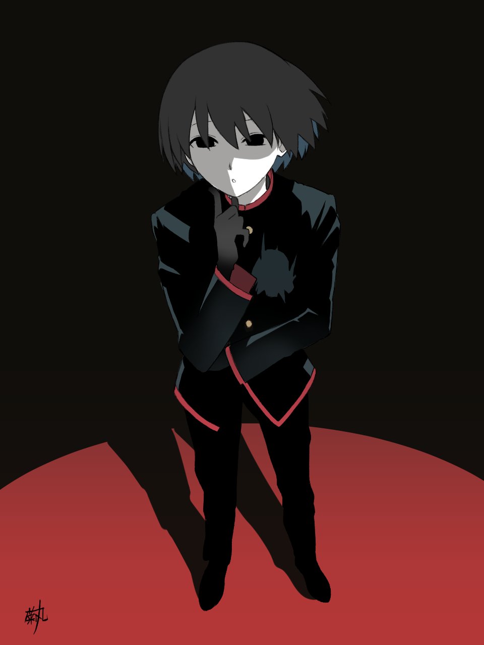 1boy androgynous artist_name black_background black_eyes black_footwear black_gloves black_hair black_jacket black_pants bob_cut commentary empty_eyes finger_to_own_chin floating_hair from_above full_body gakuran gloves hair_over_eyes hand_on_own_elbow highres index_finger_raised jacket kikumaru_bunta long_sleeves looking_at_viewer looking_up monogatari_(series) naoetsu_high_school_uniform oshino_ougi pale_skin pants parted_lips red_background school_uniform shaded_face shoes short_hair signature skirt solo standing translated two-tone_background white_skirt wind