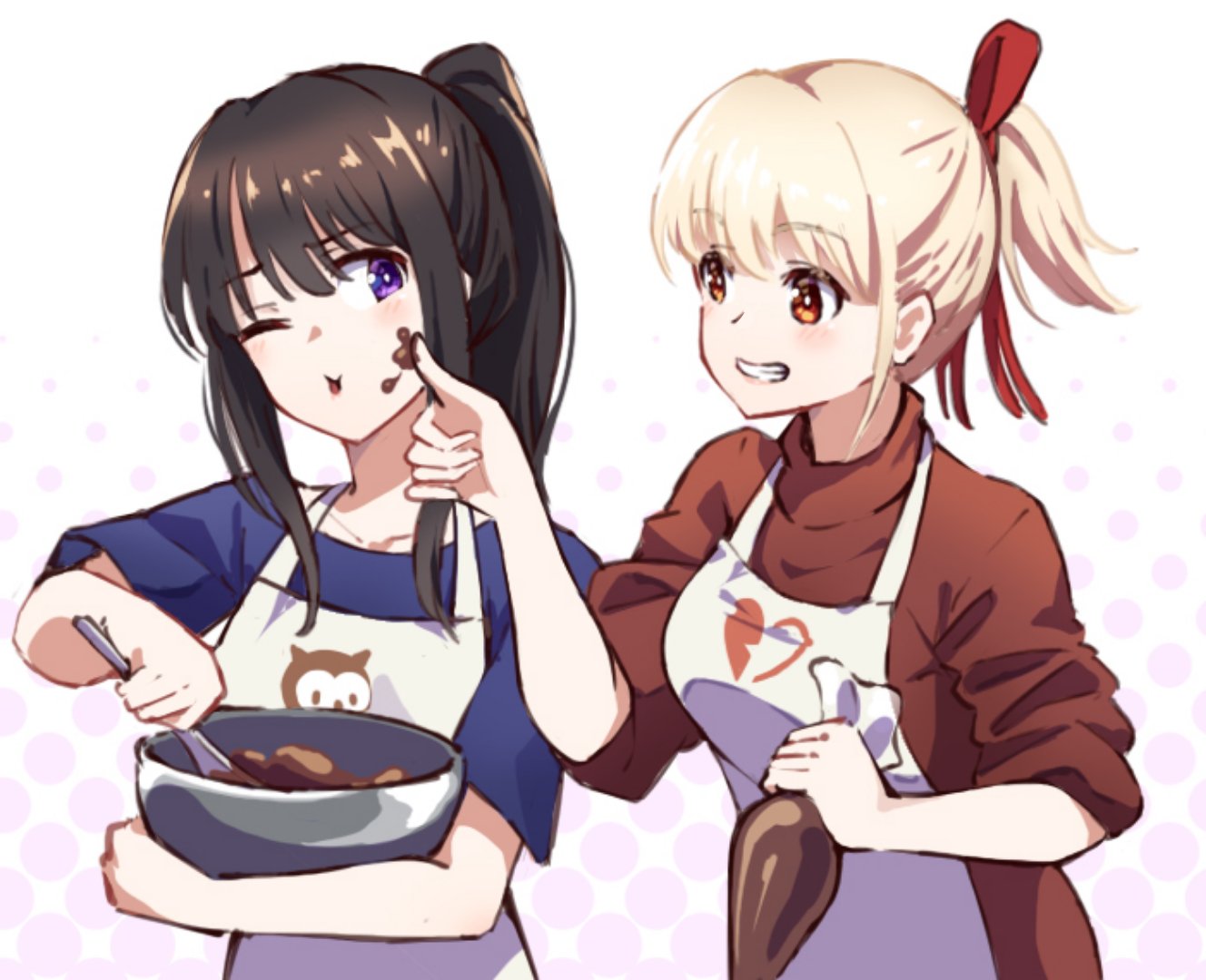 2girls :t alternate_hairstyle apron black_hair blonde_hair blue_shirt blush bowl bright_pupils brown_shirt chocolate chocolate_on_face commentary_request cookie double-parted_bangs food food_on_face grin hair_between_eyes hair_ribbon holding holding_bowl hyoe_(hachiechi) inoue_takina long_hair looking_at_another lycoris_recoil multiple_girls nishikigi_chisato one_eye_closed polka_dot polka_dot_background ponytail red_eyes red_ribbon ribbon shirt short_hair short_sleeves sidelocks simple_background sleeves_rolled_up smile upper_body violet_eyes white_apron white_background white_pupils