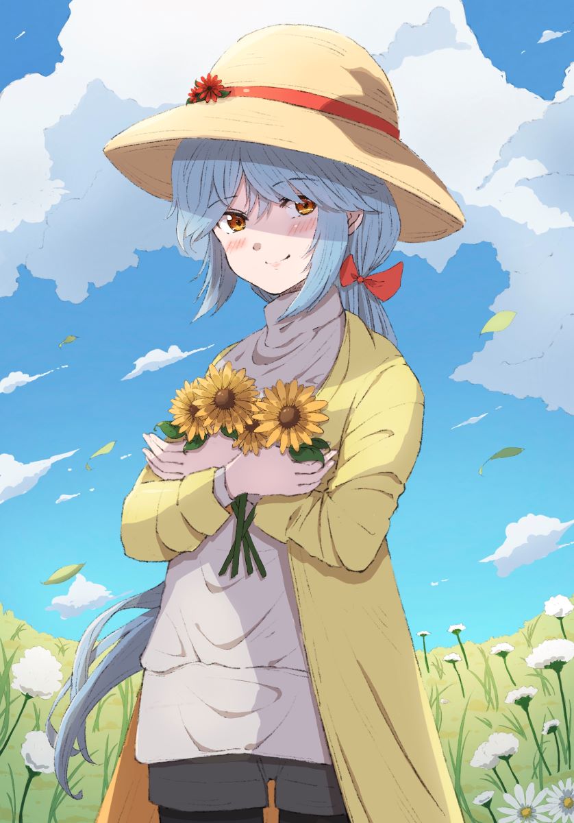 1girl alternate_costume alternate_hairstyle black_pantyhose black_shorts blue_sky brown_eyes clouds coat commentary_request dandelion day flower grey_hair grey_sweater hair_over_eyes hair_ribbon hamanami_(kancolle) hat highres holding kantai_collection ld_(luna_dial398) long_hair long_sleeves low_ponytail outdoors oversized_flower pantyhose ribbon shorts sky solo sun_hat sunflower sweater yellow_coat