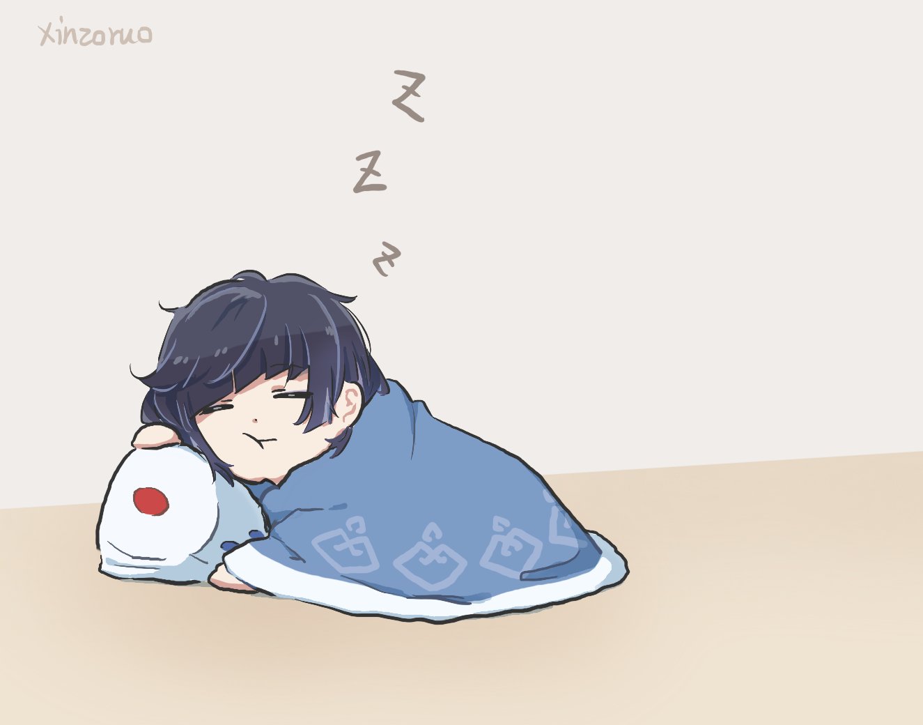 1girl artist_name black_hair blanket chibi commentary covering_with_blanket diagonal_bangs dice genshin_impact simple_background sleeping stuffed_toy symbol-only_commentary xinzoruo yelan_(genshin_impact) zzz