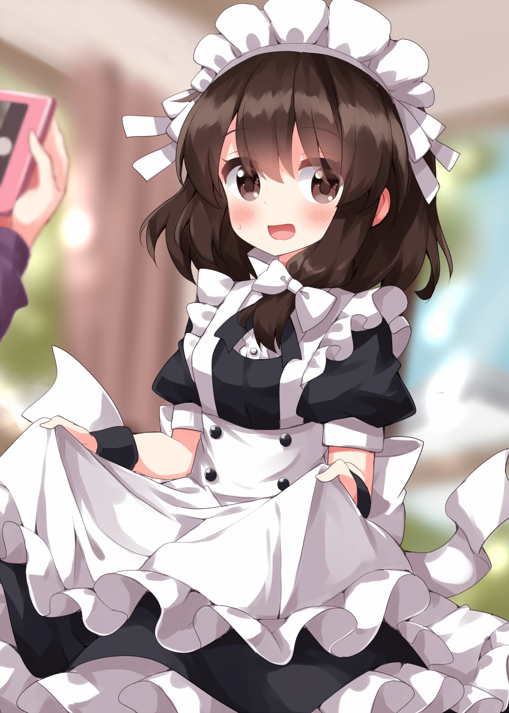 1girl blush brown_eyes buttons clothes_lift frills highres looking_at_viewer maid maid_headdress maribel_hearn medium_hair one-hour_drawing_challenge open_mouth ruu_(tksymkw) short_ponytail side_ponytail skirt skirt_lift touhou usami_renko