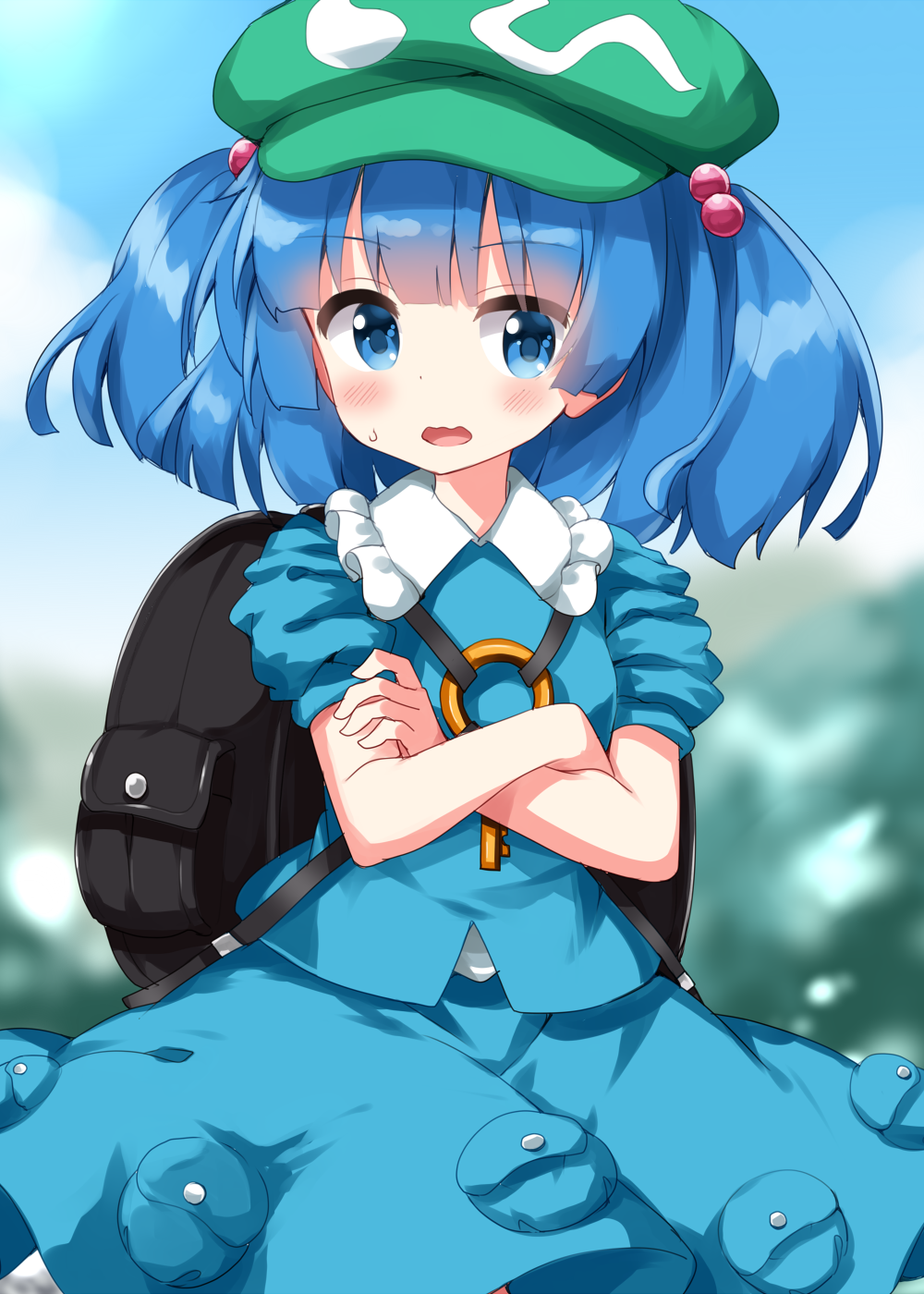 1girl backpack bag blue_eyes blue_hair blue_skirt blurry blurry_background blush cowboy_shot crossed_arms green_headwear hair_bobbles hair_ornament hat highres kawashiro_nitori key looking_at_viewer open_mouth pocket ruu_(tksymkw) shirt skirt skirt_set sky solo touhou two_side_up wavy_mouth