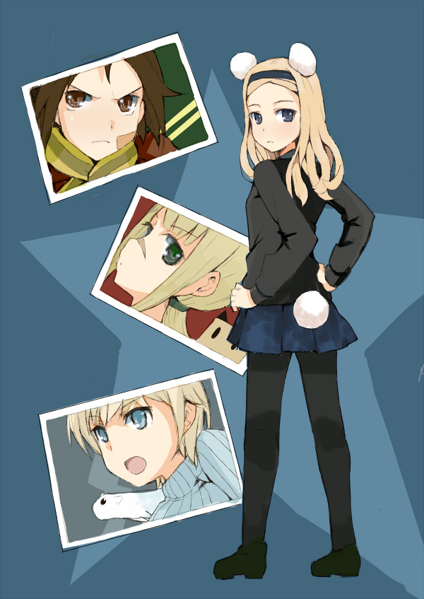 blonde_hair blue_eyes brown_eyes brown_hair chinchilla green_eyes hairband hanna_rudel kanno_naoe looking_back nikka_edvardine_katajainen open_mouth pantyhose scar short_hair skirt strike_witches