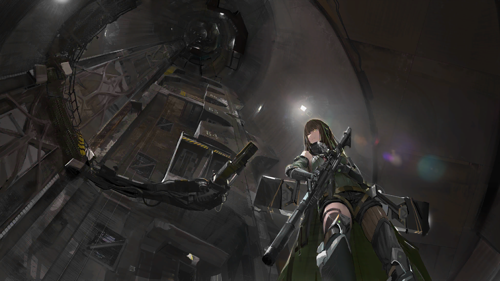 1girl artist_request assault_rifle bandana bandana_around_neck black_bandana black_shorts brown_hair catwalk_(walkway) closed_mouth clothes_around_waist detached_sleeves elevator feet_out_of_frame from_below game_cg girls_frontline gloves green_hair gun holding holding_gun holding_weapon jacket jacket_around_waist lens_flare long_hair looking_to_the_side m4_carbine m4a1_(girls'_frontline) machinery mod3_(girls'_frontline) multicolored_hair official_art particle_cannon_case ribbed_sweater rifle shorts sleeveless sleeveless_sweater solo streaked_hair sweater weapon yellow_eyes