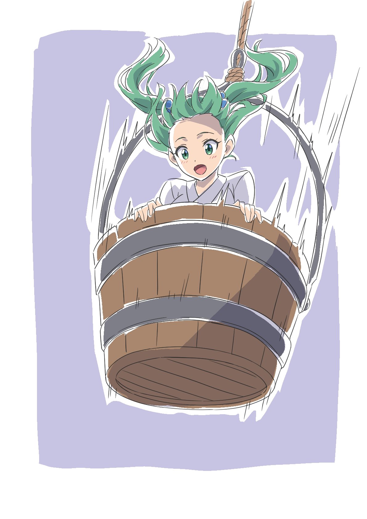 1girl :o bucket falling green_eyes green_hair gyouza_(mhea5724) hair_bobbles hair_ornament highres in_bucket in_container kisume long_hair open_mouth rope sketch solo touhou twintails two_side_up wooden_bucket