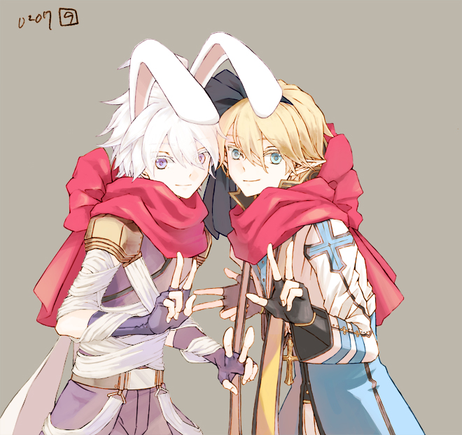 2boys animal_ears arch_bishop_(ragnarok_online) armor assassin_(ragnarok_online) bandages black_gloves blonde_hair blue_coat blue_eyes closed_mouth coat commentary_request cowboy_shot cropped_jacket cross cross_necklace dated double_v double_w fingerless_gloves gloves grey_background hair_between_eyes jacket jewelry kusabi_(aighe) long_bangs long_sleeves looking_at_viewer male_focus multiple_boys necklace pants pauldrons pointy_ears purple_gloves purple_pants purple_shirt rabbit_ears ragnarok_online shirt short_hair shoulder_armor simple_background smile v violet_eyes w white_hair white_jacket