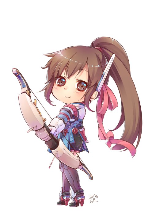 1girl ass bow_(weapon) brown_eyes brown_hair chibi closed_mouth full_body gloves hair_ribbon high_heels high_ponytail long_hair looking_at_viewer misono_mitama pink_ribbon ponytail ribbon saionji_reimi shorts simple_background smile solo star_ocean star_ocean_the_last_hope thigh-highs weapon white_background white_gloves