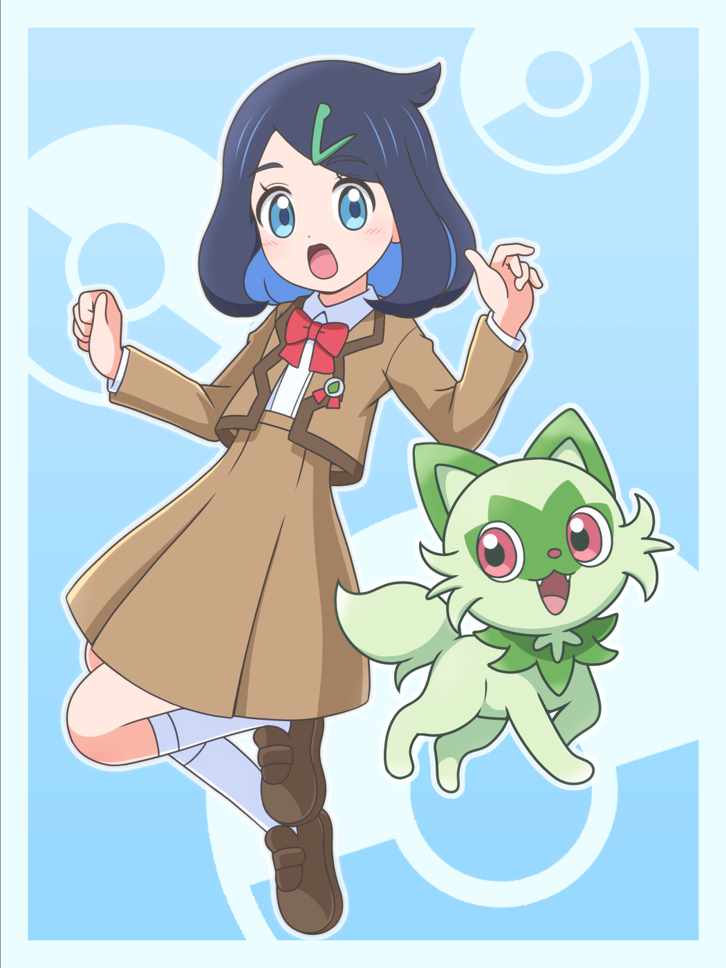 1girl black_hair blue_eyes blush border bow bowtie brown_footwear brown_jacket brown_skirt collared_shirt commentary_request eyelashes hair_ornament hairclip hands_up highres jacket kato-shun liko_(pokemon) medium_hair open_clothes open_jacket open_mouth pleated_skirt poke_ball_symbol pokemon pokemon_(anime) pokemon_(creature) pokemon_horizons red_bow red_bowtie school_uniform shirt shoes skirt socks sprigatito tongue white_shirt white_socks
