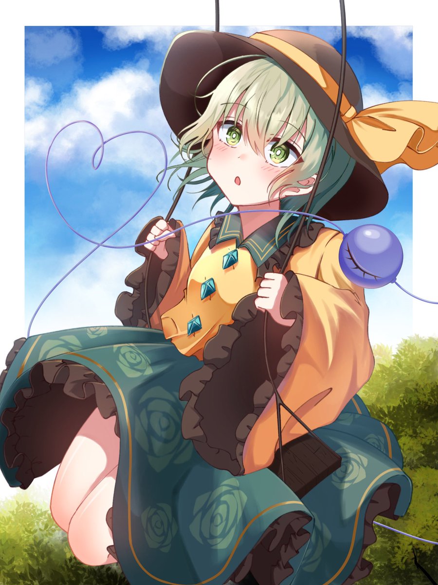 1girl breasts expressionless floral_print green_eyes green_hair green_skirt hair_between_eyes hat heart heart_of_string highres komeiji_koishi medium_hair open_mouth outdoors outside_border rose_print shirt skirt sleeves_past_wrists small_breasts solo swing third_eye toufuoishiiiiii touhou wide_sleeves yellow_shirt