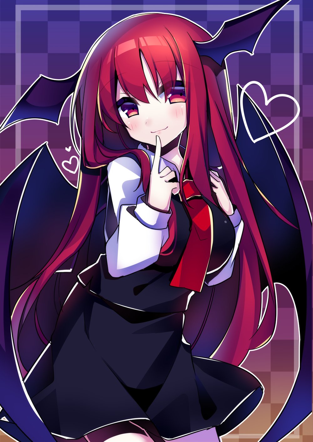 1girl bat_wings black_skirt black_vest breasts checkered_background closed_mouth commentary_request gradient_background head_wings heart highres index_finger_raised koakuma kujou_mikuru long_hair looking_at_viewer multiple_wings one-hour_drawing_challenge red_eyes redhead shirt skirt smile solo touhou vest white_shirt wings