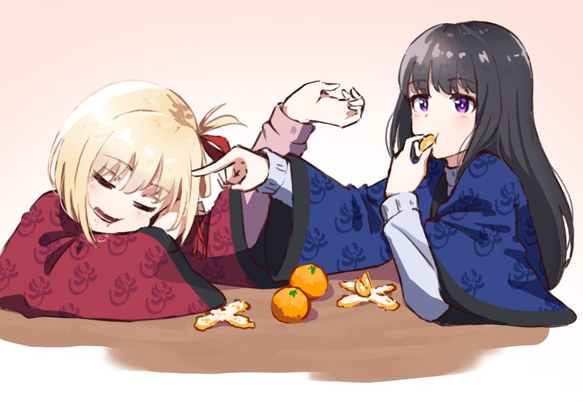 2girls :t arm_support black_hair blonde_hair blue_kimono bright_pupils closed_eyes commentary_request drooling eating food food_in_mouth fruit hair_between_eyes hair_ribbon hand_up holding holding_food hyoe_(hachiechi) inoue_takina japanese_clothes kimono light_blush long_hair long_sleeves lycoris_recoil mandarin_orange mouth_drool multiple_girls nishikigi_chisato one_side_up open_mouth pink_background poking_head red_kimono red_ribbon ribbon simple_background sleeping straight_hair violet_eyes white_pupils wide_sleeves