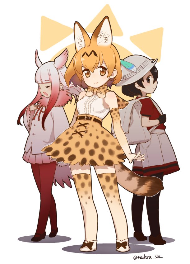 3girls animal_ear_fluff animal_ears backpack bag bare_shoulders bird_tail black_eyes black_gloves black_hair black_pantyhose blonde_hair blunt_bangs bow bowtie breasts center_frills closed_eyes commentary_request elbow_gloves extra_ears frills full_body fur_collar gloves gradient_hair hair_between_eyes hat hat_feather head_wings japanese_crested_ibis_(kemono_friends) kaban_(kemono_friends) kemono_friends long_hair looking_at_viewer madara_sai miniskirt multicolored_hair multiple_girls open_mouth pantyhose pink_skirt pleated_skirt print_bow print_bowtie print_gloves print_legwear print_skirt print_thighhighs red_pantyhose red_shirt redhead serval_(kemono_friends) serval_print shirt short_hair shorts simple_background skirt sleeveless sleeveless_shirt small_breasts smile tail thigh-highs twitter_username white_background white_hair white_headwear white_shirt white_shorts wide_sleeves wings yellow_eyes zettai_ryouiki