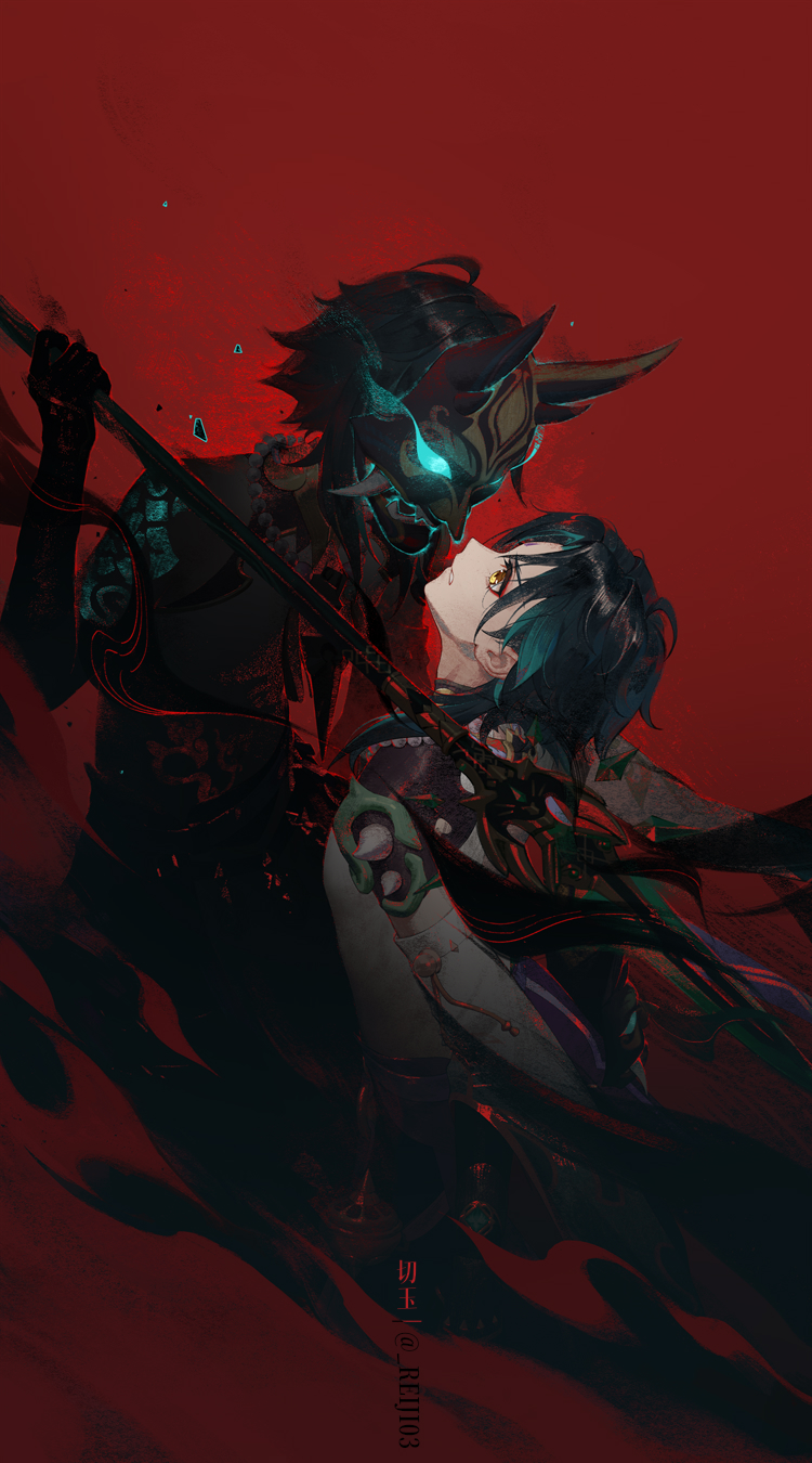 2boys ahoge armor artist_name black_gloves black_hair blue_hair detached_sleeves dual_persona eyeshadow facial_mark forehead_mark genshin_impact gloves gradient_background gradient_hair hair_between_eyes hand_up highres holding holding_weapon jewelry long_sleeves looking_at_another makeup male_focus mandarin_collar mask multicolored_hair multiple_boys necklace pants pearl_necklace primordial_jade_winged-spear_(genshin_impact) purple_pants red_background red_eyeshadow rj_(lingshih10) shirt short_hair shoulder_armor simple_background single_detached_sleeve sleeveless sleeveless_shirt standing tassel teeth two-tone_hair weapon wide_sleeves xiao_(genshin_impact) yellow_eyes