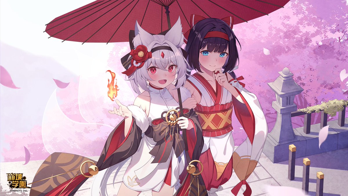 2girls :d animal_ears benghuai_xueyuan black_hair blue_eyes bow cherry_blossoms closed_mouth cowboy_shot flower hair_bow hair_flower hair_ornament headband holding holding_umbrella honkai_(series) japanese_clothes kimono kitsune looking_at_viewer miko multiple_girls obi official_art oil-paper_umbrella open_mouth petals red_bow red_eyes red_flower sash short_hair smile tail umbrella white_hair white_kimono wolf_ears wolf_girl wolf_tail