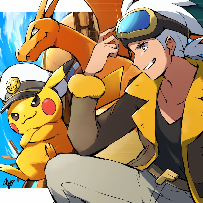 1boy ayo_(ayosanri009) belt belt_buckle black_shirt brown_jacket buckle captain_pikachu charizard clothed_pokemon collarbone commentary_request friede_(pokemon) from_side fur-trimmed_jacket fur_trim goggles goggles_on_head grin hand_up jacket male_focus orange_eyes pants pikachu pokemon pokemon_(anime) pokemon_(creature) pokemon_horizons shirt signature smile teeth white_hair