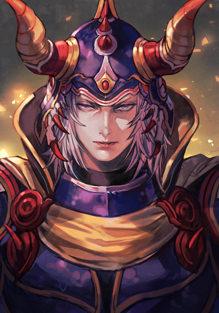 1boy armor blue_armor cape closed_mouth fake_horns final_fantasy final_fantasy_i grey_eyes grey_hair hankuri helmet high_collar horned_helmet horns light_particles lips looking_at_viewer male_focus medium_hair red_lips serious solo turtleneck upper_body warrior_of_light_(ff1)