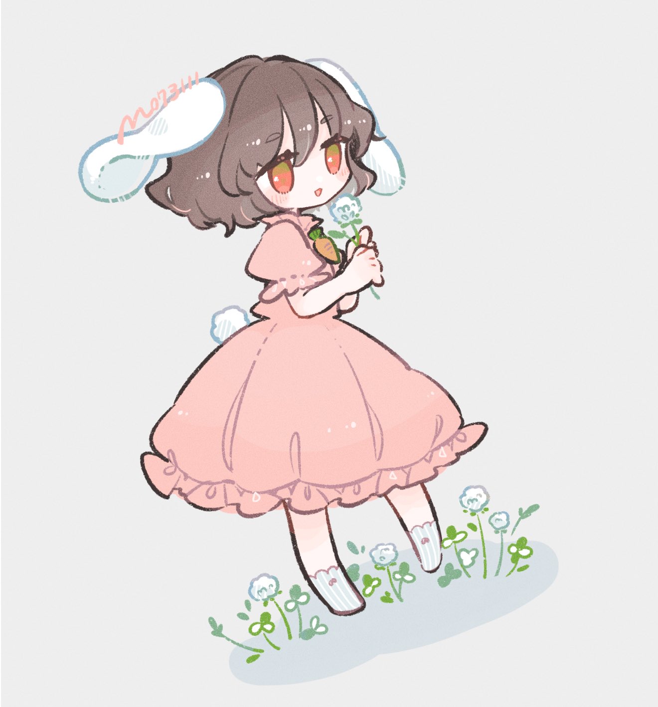 1girl animal_ears black_hair blush carrot_necklace dress flower full_body hair_between_eyes highres holding holding_flower inaba_tewi jewelry m_(m073111) necklace open_mouth pink_dress rabbit_ears rabbit_tail red_eyes short_hair short_sleeves signature smile socks solo striped striped_socks tail touhou twitter_username vertical-striped_socks vertical_stripes white_flower