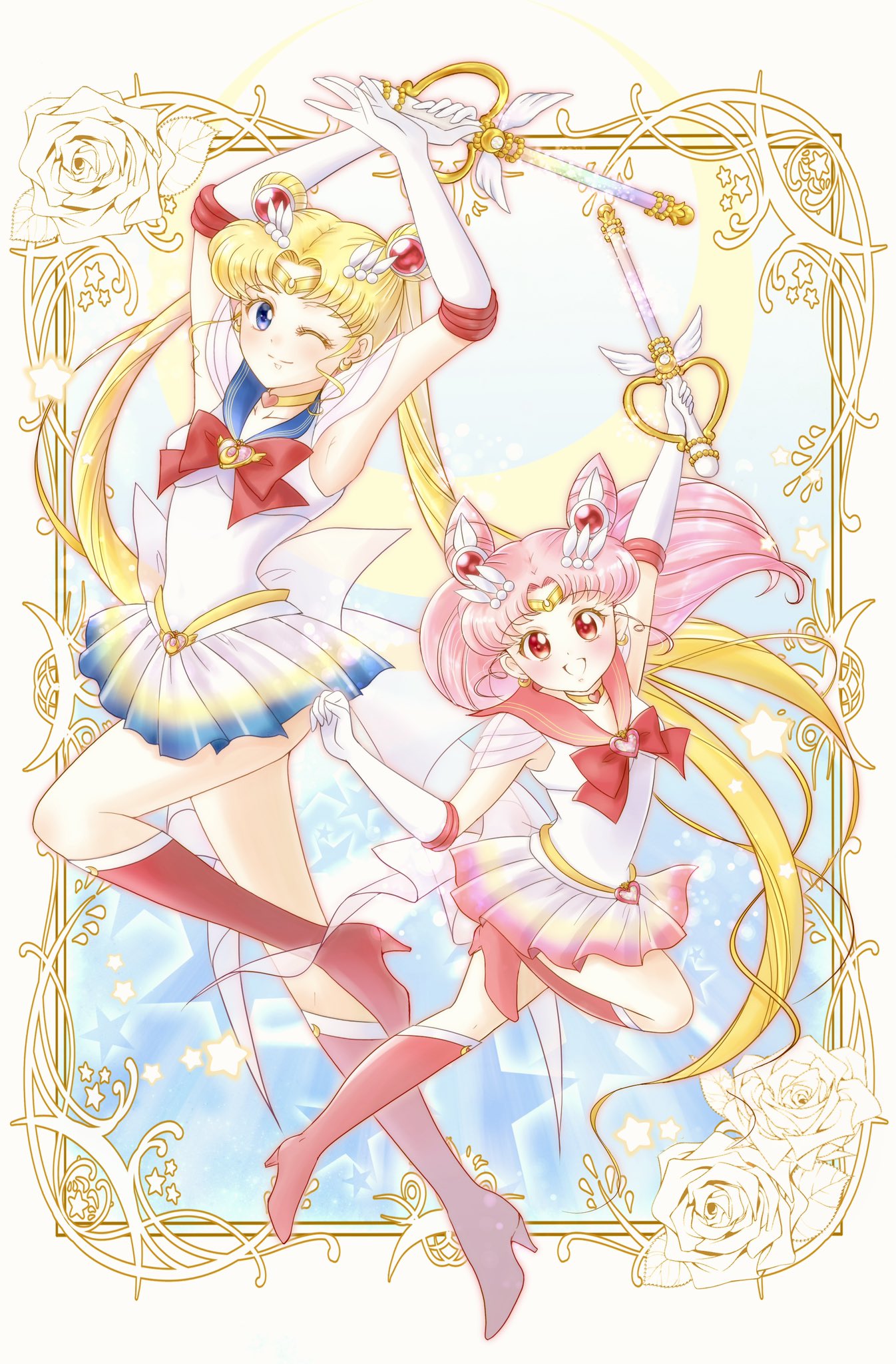 1girl armpits back_bow bishoujo_senshi_sailor_moon blonde_hair blue_sailor_collar boots bow bowtie brooch chibi_usa choker circlet cone_hair_bun crescent crescent_earrings crystal_carillon double_bun earrings elbow_gloves gem gloves gold_earrings hair_bun heart heart_brooch heart_choker heart_wand high_heel_boots high_heels highres jewelry long_hair miniskirt multicolored_clothes multicolored_skirt parted_bangs pink_choker pink_footwear pink_hair pink_sailor_collar pink_skirt pleated_skirt red_bow red_bowtie red_eyes red_footwear red_gemstone sailor_chibi_moon sailor_collar sailor_moon sailor_senshi shiiba_itsuki shirt short_hair short_sleeves short_twintails simple_background skirt solo spiral_heart_moon_rod stud_earrings super_sailor_moon twintails very_long_hair white_background white_gloves white_shirt yellow_choker