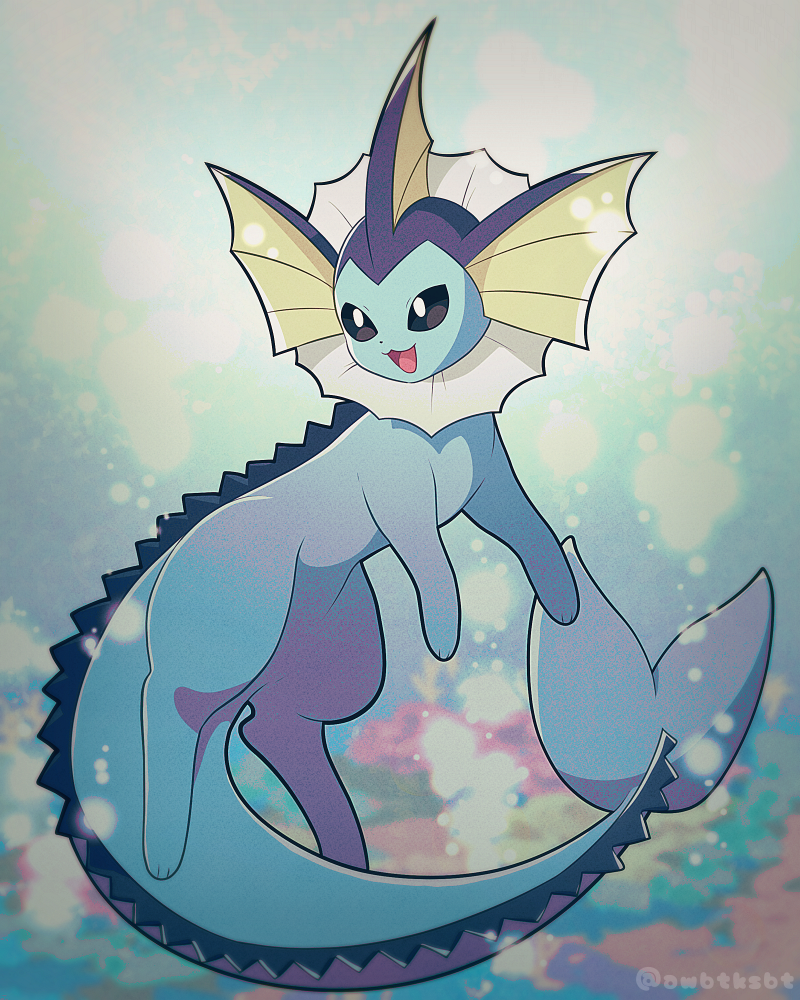 awabuta fins forked_tail full_body head_fins no_humans open_mouth pawpads pokemon pokemon_(creature) smile tail twitter_username underwater vaporeon