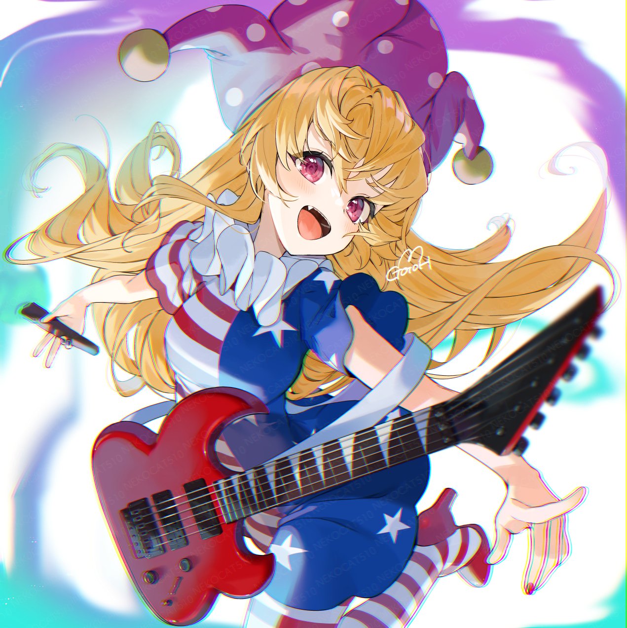 1girl american_flag_dress american_flag_legwear blonde_hair blue_nails blush clownpiece dress electric_guitar fang fingernails gotoh510 guitar hair_between_eyes hat high_heels highres holding holding_torch instrument jester_cap long_hair nail_polish open_mouth pantyhose pink_eyes polka_dot polka_dot_headwear purple_headwear red_footwear red_nails short_sleeves signature smile solo star_(symbol) star_print striped striped_dress striped_pantyhose torch touhou watermark