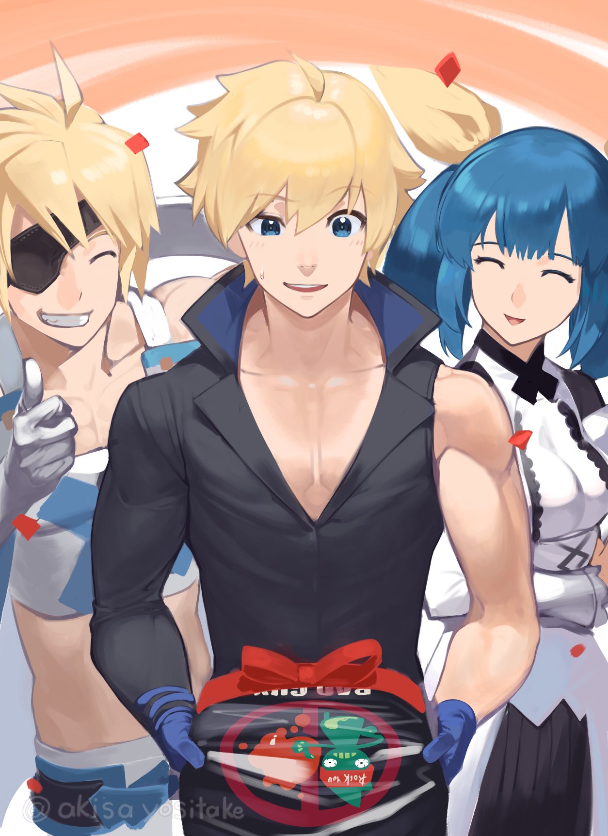 1girl 2boys akisa_yositake asymmetrical_sleeves bare_shoulders blonde_hair blue_eyes blue_gloves blue_hair breasts dizzy_(guilty_gear) dress eyepatch family father_and_son gloves grin guilty_gear guilty_gear_strive guilty_gear_xrd hair_ribbon hair_rings highres husband_and_wife ky_kiske large_breasts long_hair long_sleeves male_focus mother_and_son multiple_boys pectorals ribbon short_hair simple_background sin_kiske smile twintails white_dress white_gloves yellow_ribbon