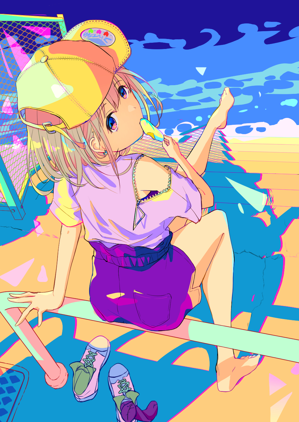 1girl abstract_background arm_support bare_shoulders barefoot baseball_cap blue_eyes chain-link_fence earrings eating fence food from_behind grey_hair hat highres holding holding_food idolmaster idolmaster_shiny_colors iroha_(moist) jacket jewelry leg_up looking_at_viewer looking_back multicolored_background popsicle purple_jacket purple_shirt purple_shorts purple_socks serizawa_asahi shadow shirt shoes shoes_removed short_hair short_sleeves shorts sitting sitting_on_fence sneakers socks solo stairs zipper