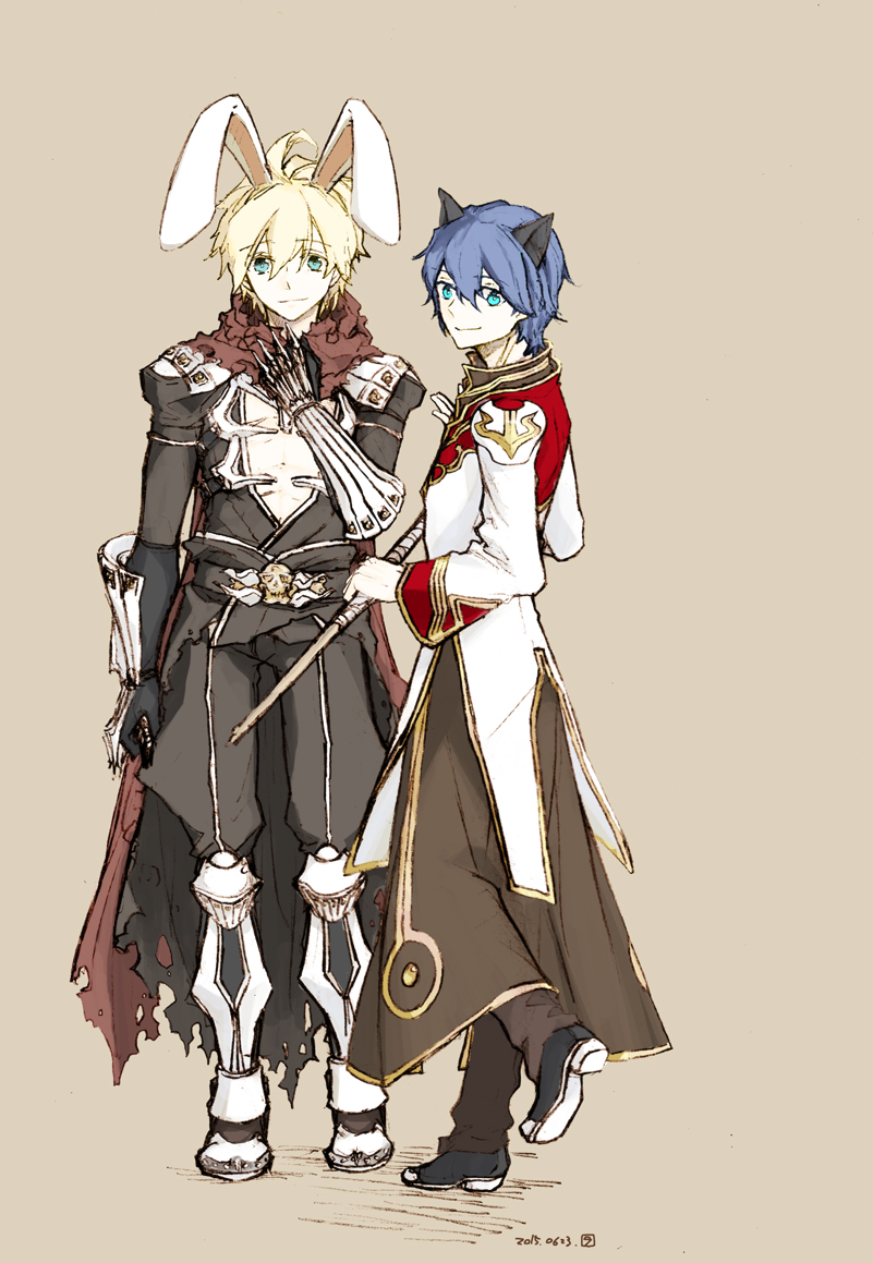 2boys animal_ears armor armored_boots assassin_cross_(ragnarok_online) black_cape black_footwear black_pants black_shirt blonde_hair blue_eyes blue_hair boots brown_background brown_coat brown_pants cape cat_ears closed_mouth coat commentary_request full_body gold_trim hair_between_eyes high_priest_(ragnarok_online) holding holding_staff kusabi_(aighe) layered_clothes long_bangs long_sleeves looking_at_viewer male_focus multiple_boys open_clothes open_shirt pants pauldrons rabbit_ears ragnarok_online red_coat red_scarf scarf shirt shoes short_hair shoulder_armor simple_background skull smile staff standing torn_cape torn_clothes torn_scarf vambraces waist_cape white_coat