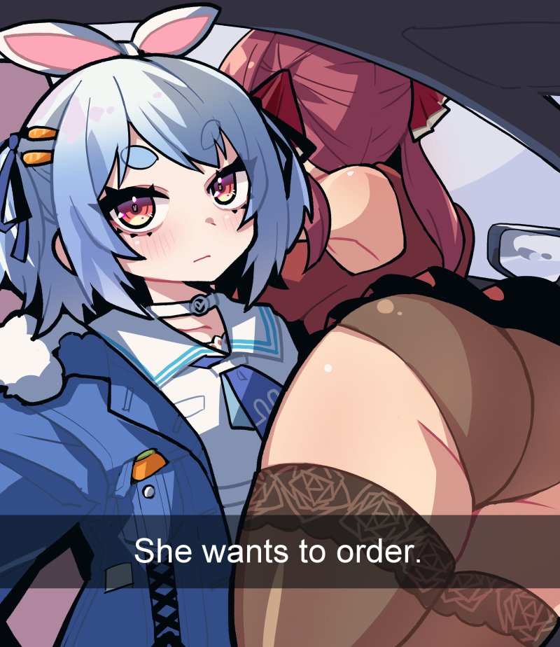 2girls ass blue_hair blush car_interior closed_mouth he_wants_to_order_(meme) hololive hosoi_kouzou houshou_marine meme multiple_girls rear-view_mirror redhead usada_pekora virtual_youtuber yuri