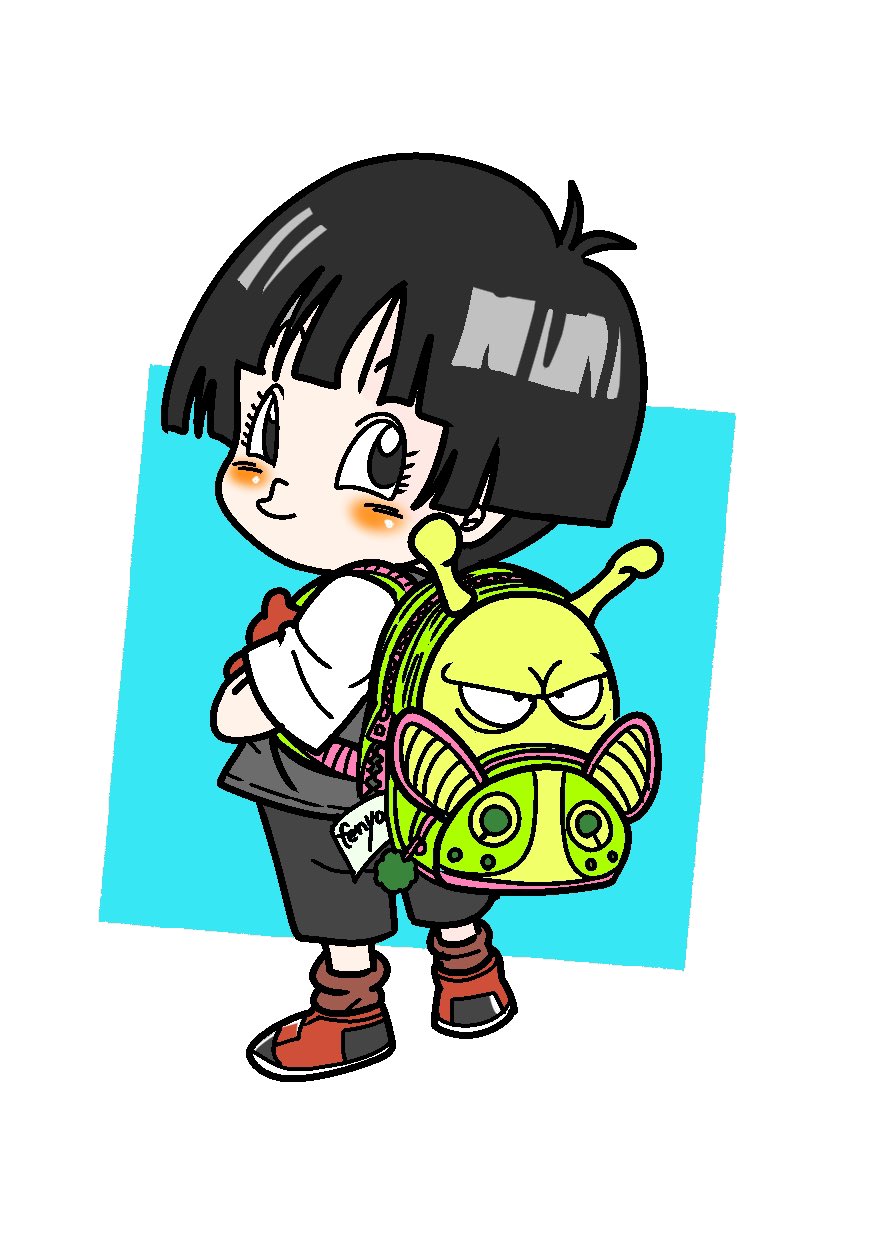 1girl ankle_socks antennae aqua_background artist_name backpack bag black_eyes black_hair black_outline blush bowl_cut brown_socks character_backpack character_request child closed_mouth dr._slump dragon_ball dragon_ball_super dragon_ball_super_super_hero dragon_ball_z eyelashes female_child fenyon full_body gloves green_bag grey_shirt hair_strand head_tilt highres king_nikochan looking_back loose_socks name_tag outline pan_(dragon_ball) partially_unzipped pom_pom_(clothes) raglan_sleeves red_footwear red_gloves shirt shoes short_hair short_sleeves simple_background smile sneakers socks solo square standing tareme white_background zipper