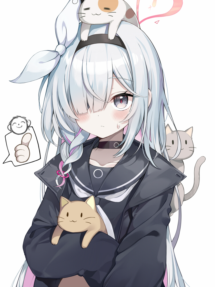 1boy 1girl animal animal_on_head arona's_sensei_doodle_(blue_archive) black_choker black_coat black_eyes black_hairband black_sailor_collar black_serafuku black_shirt blue_archive blunt_bangs blush braid cat cat_on_head choker closed_mouth coat collarbone colored_inner_hair commentary_request flying_sweatdrops hair_over_one_eye hair_ribbon hairband halo heart_halo holding holding_animal holding_cat long_hair long_sleeves looking_at_viewer multicolored_hair myuton neckerchief on_head open_clothes open_coat pink_hair pink_halo plana_(blue_archive) red_pupils ribbon sailor_collar sailor_shirt school_uniform sensei_(blue_archive) serafuku shirt simple_background single_braid sleeves_past_fingers sleeves_past_wrists solo_focus spoken_thumbs_up thumbs_up two-tone_hair upper_body white_background white_hair white_neckerchief white_ribbon