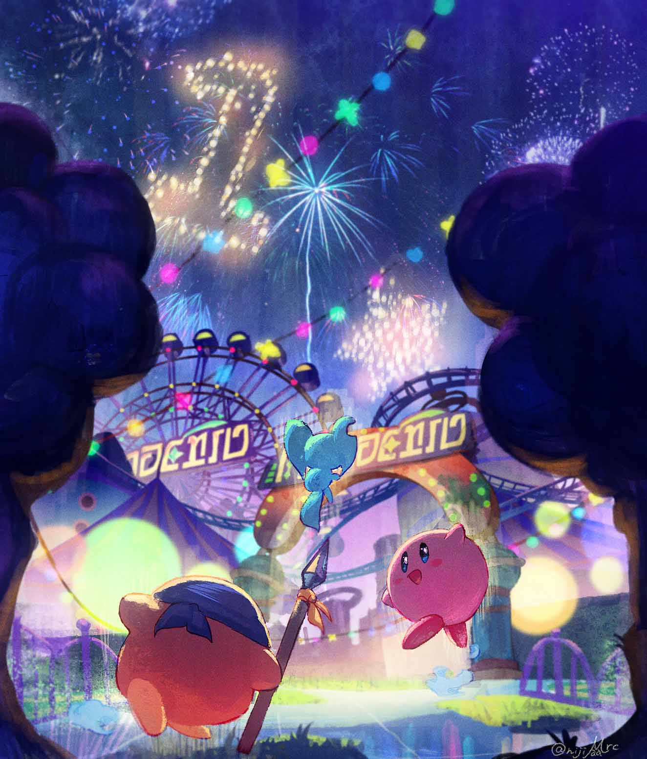 animal_ears bandana bandana_waddle_dee blue_bandana blush_stickers colored_skin elfilin ferris_wheel fireworks highres holding holding_polearm holding_weapon kirby kirby_(series) kirby_and_the_forgotten_land looking_back mouse_ears nijimaarc no_humans notched_ear open_mouth pink_skin polearm signature smile solid_oval_eyes spear tree weapon