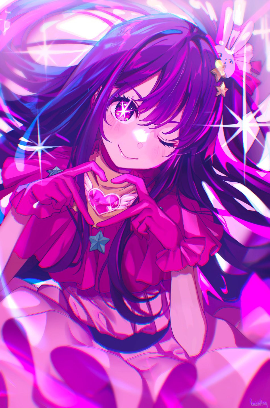 1girl artist_name belt closed_mouth commentary dress eyelashes gem gloves hair_between_eyes hair_ornament hair_ribbon hands_up heart heart_hands highres hoshino_ai_(oshi_no_ko) idol jewelry lips long_hair looking_at_viewer lucidsky multicolored_eyes multicolored_hair one_eye_closed oshi_no_ko pink_dress pink_eyes pink_gemstone pink_gloves pink_hair pink_ribbon purple_belt purple_hair rabbit_hair_ornament ribbon short_sleeves sidelocks simple_background sleeveless sleeveless_dress smile solo sparkle standing star-shaped_pupils star_(symbol) star_hair_ornament star_print symbol-shaped_pupils turtleneck turtleneck_dress two-tone_hair v-shaped_eyebrows violet_eyes white_background white_ribbon