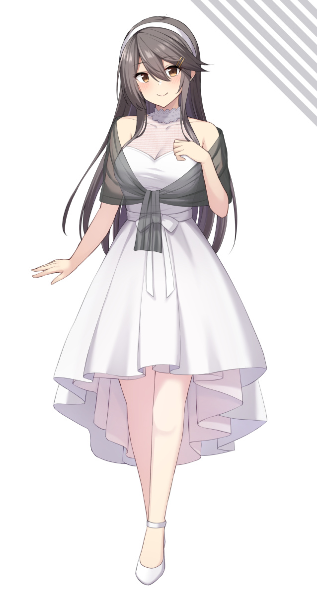 1girl akahi242 alternate_costume black_hair brown_eyes commentary_request detached_collar dress full_body grey_shawl hairband haruna_(kancolle) high_heels highres kantai_collection long_hair off-shoulder_dress off_shoulder shawl solo white_background white_dress white_footwear white_hairband