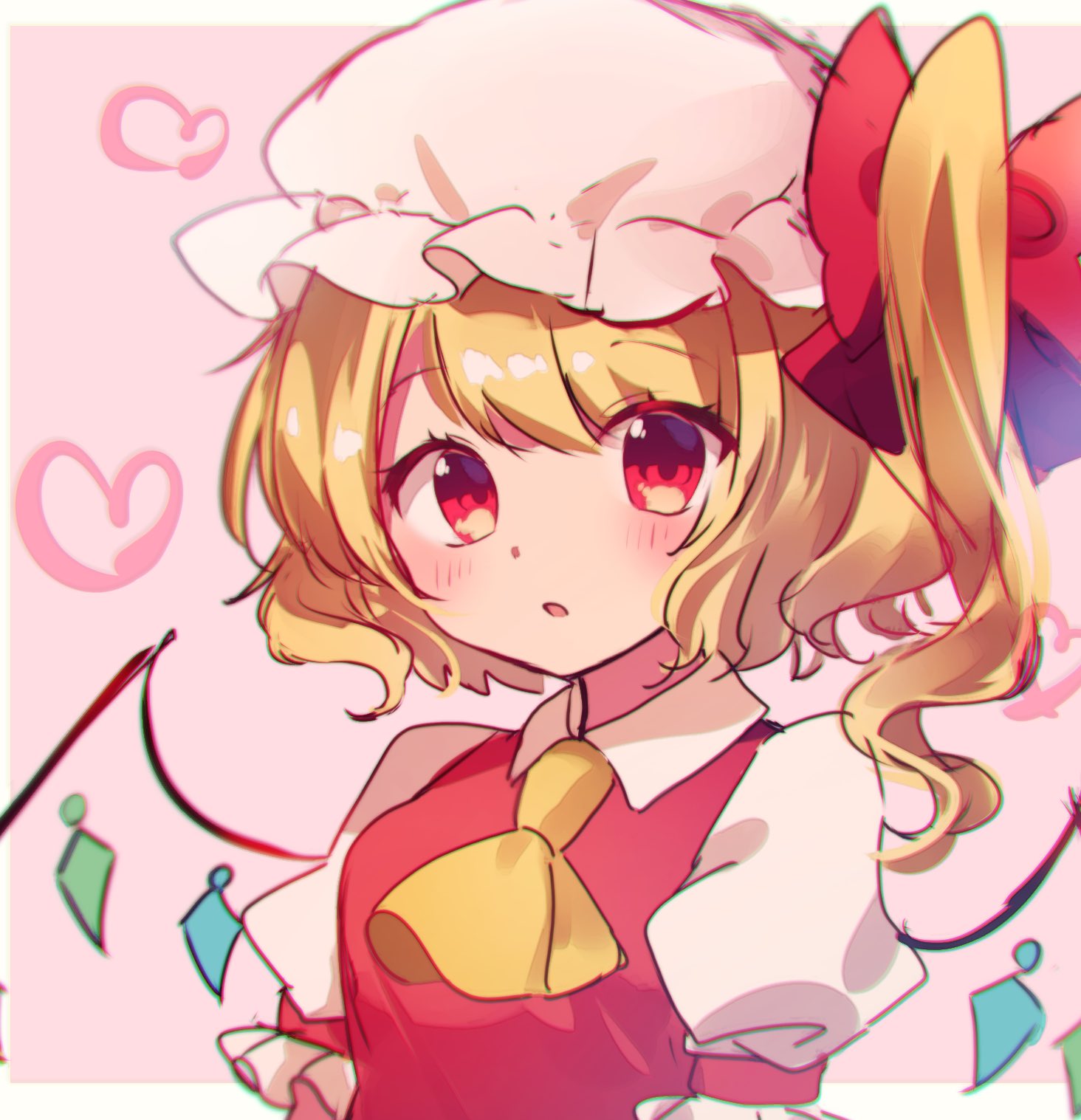 1girl ascot blonde_hair commentary crystal flandre_scarlet hat heart heart_background highres looking_at_viewer medium_hair mob_cap moshihimechan one-hour_drawing_challenge one_side_up open_mouth pink_background red_eyes short_sleeves solo touhou upper_body white_headwear wings yellow_ascot