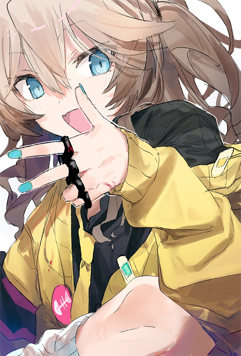 1girl badge bandaid black_shirt blonde_hair blood blood_on_weapon blue_eyes blue_nails brass_knuckles button_badge cardigan commentary fang hand_up highres hitogome kasukabe_tsumugi knee_up leg_warmers long_hair long_sleeves looking_at_viewer looking_to_the_side loose_necktie messy_hair necktie off_shoulder one_side_up open_cardigan open_clothes open_mouth outline shirt simple_background skin_fang smile solo voicevox w weapon white_background white_outline yellow_cardigan yellow_necktie
