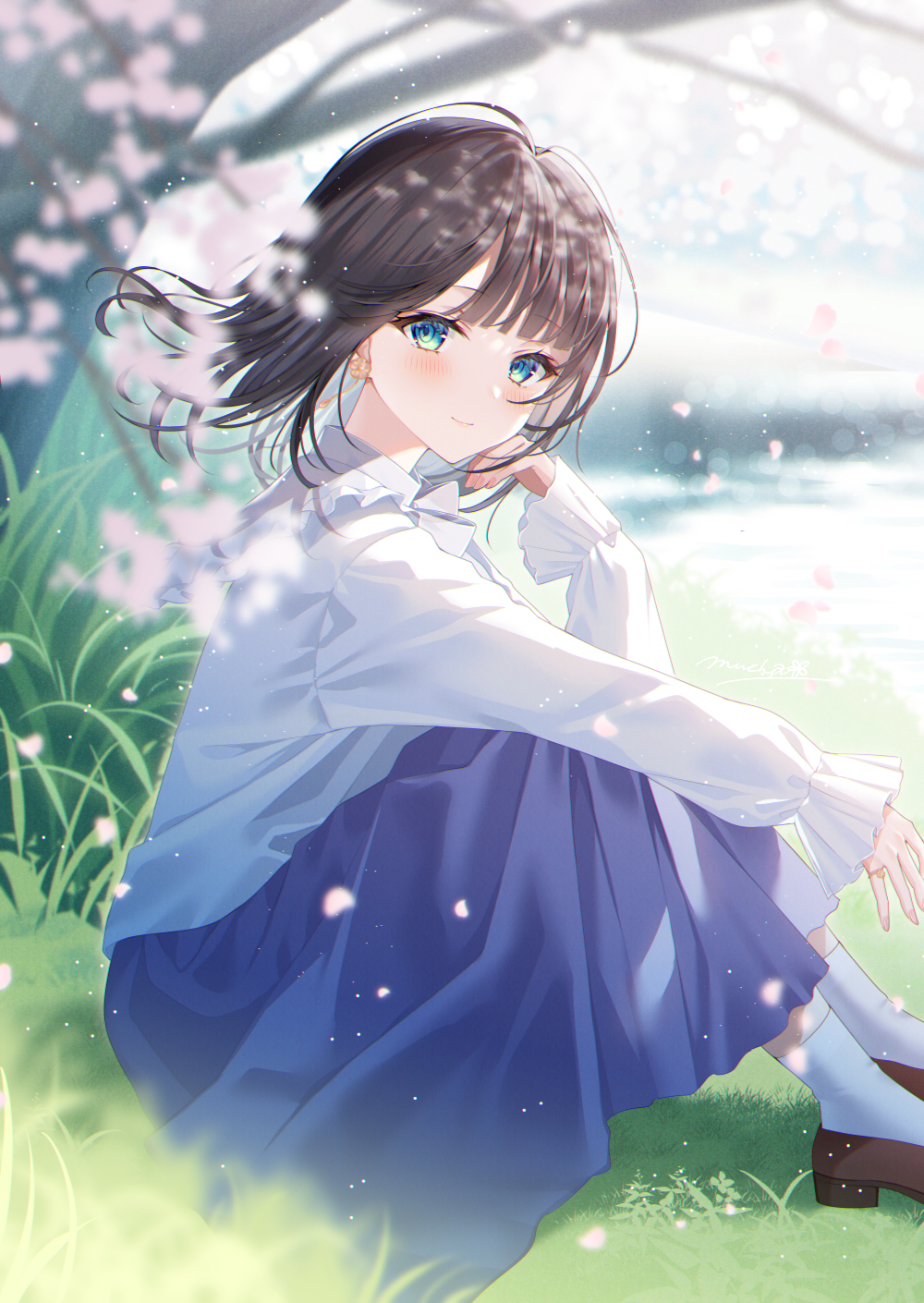 1girl black_hair blue_eyes blue_skirt blue_socks blush brown_footwear cherry_blossoms closed_mouth commentary_request day feet_out_of_frame floating_hair from_side highres knees_up long_hair long_sleeves looking_at_viewer looking_to_the_side myusha original outdoors puffy_long_sleeves puffy_sleeves shirt shoes sitting skirt sleeves_past_wrists smile socks solo spring_(season) tree white_shirt