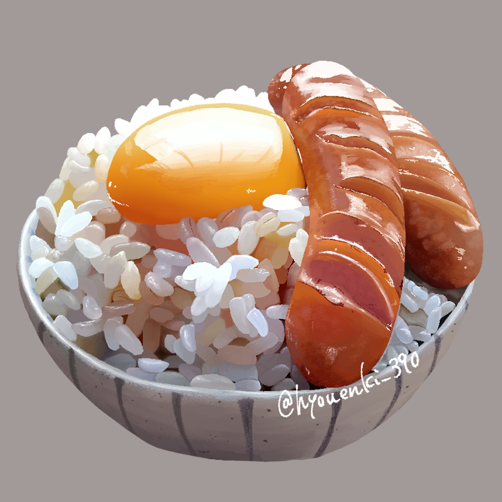 bowl egg_(food) egg_yolk food food_focus grey_background hyouenki_390 no_humans original reflection rice sausage simple_background still_life twitter_username