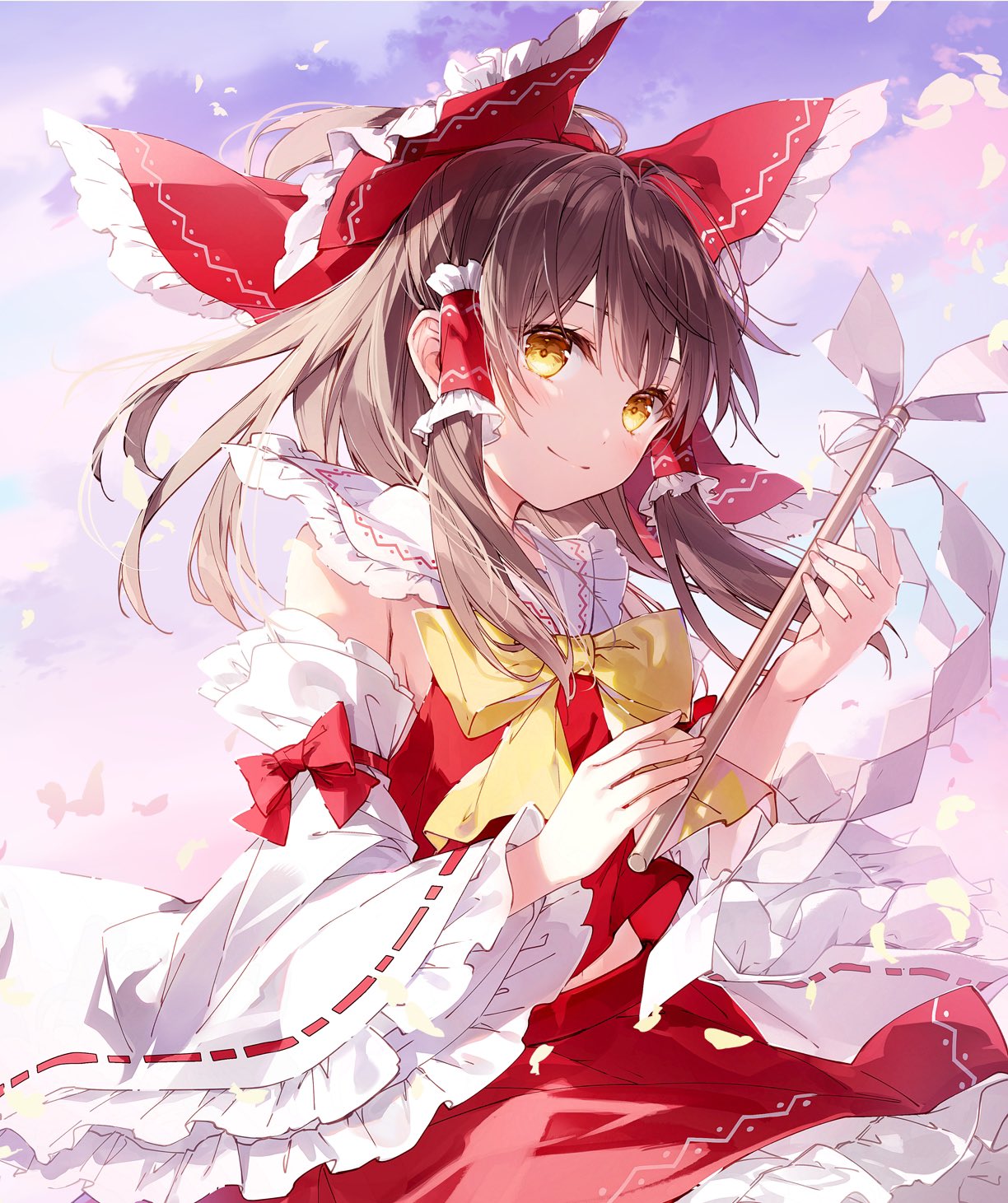 1girl bare_shoulders bow bowtie breasts brown_hair closed_mouth clouds cloudy_sky collared_shirt detached_sleeves fingernails frills gohei gradient_sky hair_between_eyes hair_bow hair_ornament hair_tubes hakurei_reimu hands_up highres holding holding_gohei long_fingernails long_sleeves looking_at_viewer medium_breasts mochizuki_shiina outdoors pink_sky ponytail purple_sky red_bow red_shirt red_skirt shirt short_hair short_ponytail skirt skirt_set sky smile solo standing touhou wide_sleeves yellow_bow yellow_bowtie yellow_eyes