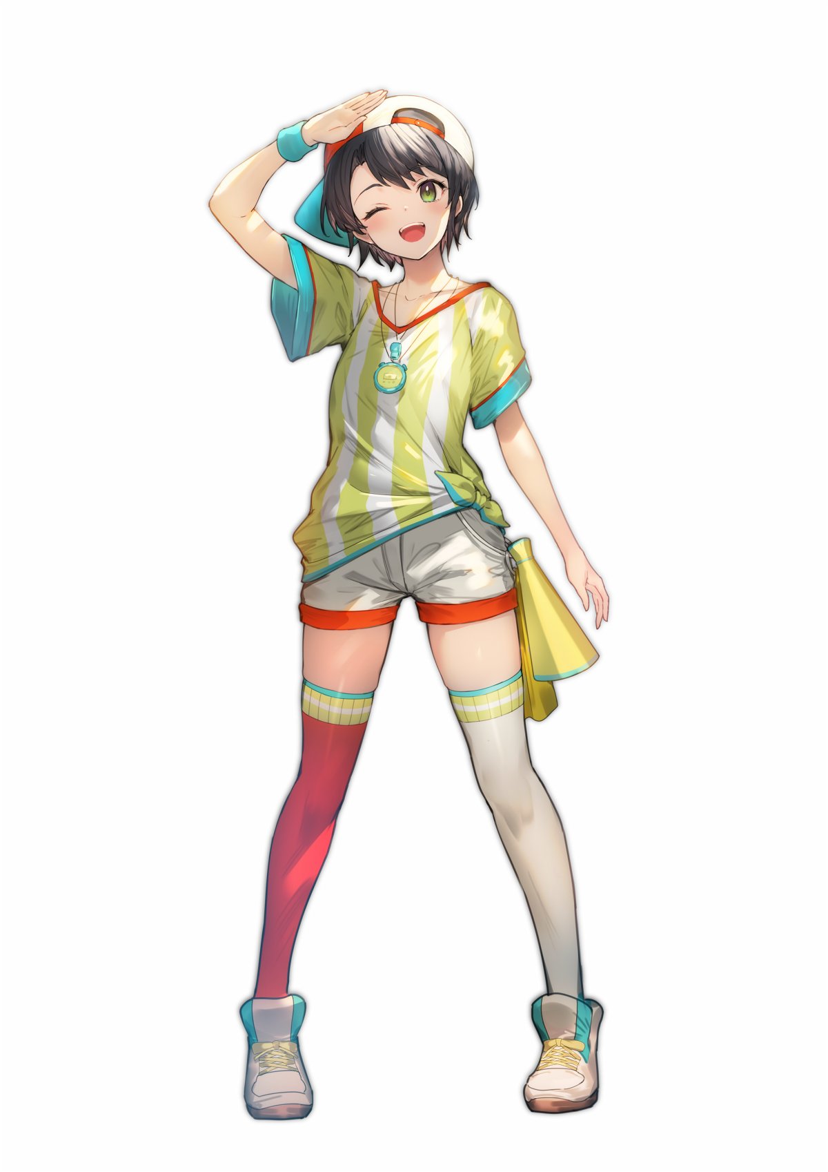1girl ;d asymmetrical_legwear black_hair commentary_request full_body green_eyes hat highres hololive kakage looking_at_viewer mismatched_legwear one_eye_closed oozora_subaru open_mouth red_thighhighs salute shirt shoes short_hair short_sleeves shorts simple_background smile sneakers solo striped striped_shirt thigh-highs vertical-striped_shirt vertical_stripes virtual_youtuber white_background white_footwear white_headwear white_shorts white_thighhighs