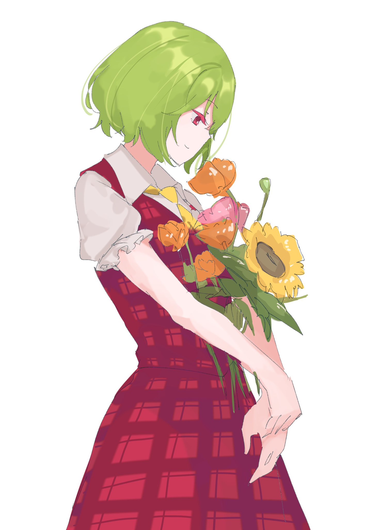 1girl ascot bouquet closed_mouth commentary flower from_side green_hair highres kazami_yuuka plaid plaid_skirt plaid_vest red_eyes red_skirt red_vest shirt short_hair short_sleeves simple_background skirt solo sunflower tohoyuukarin touhou vest white_background white_shirt yellow_ascot