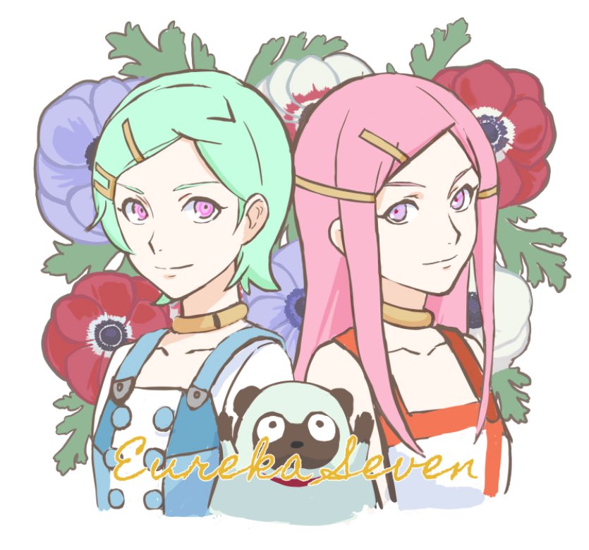 2girls anemone_(eureka_seven) anemone_(flower) aqua_hair blue_dress closed_mouth copyright_name cropped_torso dress eureka_(eureka_seven) eureka_seven eureka_seven_(series) flower gulliver_(eureka_seven) hair_ornament hairclip jewelry long_hair looking_at_viewer multiple_girls neck_ring nekkikamille pink_eyes pink_hair short_hair side-by-side sidelocks smile two-tone_dress violet_eyes white_dress