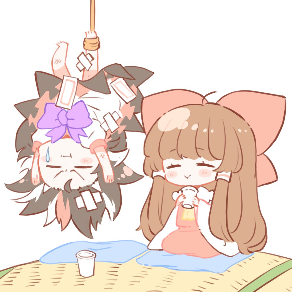 2girls :&gt; :t bandaid bandaid_on_head barefoot black_hair blush_stickers bow bowtie brown_hair chibi closed_eyes commentary_request cup cushion dress full_body hair_bow hakurei_reimu hanging holding holding_cup horns kijin_seija long_hair long_sleeves medium_hair multicolored_hair multiple_girls natsu_(tohotiara) purple_bow purple_bowtie red_bow red_shirt red_skirt redhead rope seiza shirt simple_background sitting skirt smile streaked_hair sweatdrop touhou upside-down white_background white_dress white_hair wide_sleeves zabuton