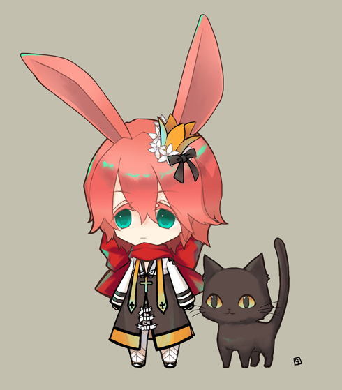 1boy animal_ears arch_bishop_(ragnarok_online) black_bow black_cat black_footwear black_gloves blue_eyes bow cat chibi closed_mouth commentary_request cropped_jacket cross cross_necklace crown expressionless fingerless_gloves flower full_body gloves grey_background hair_between_eyes hair_bow hair_flower hair_ornament jacket jewelry kusabi_(aighe) long_bangs long_sleeves looking_at_viewer male_focus medium_hair mini_crown necklace pants pink_hair rabbit_ears ragnarok_online shoes simple_background solo standing white_flower white_jacket white_pants