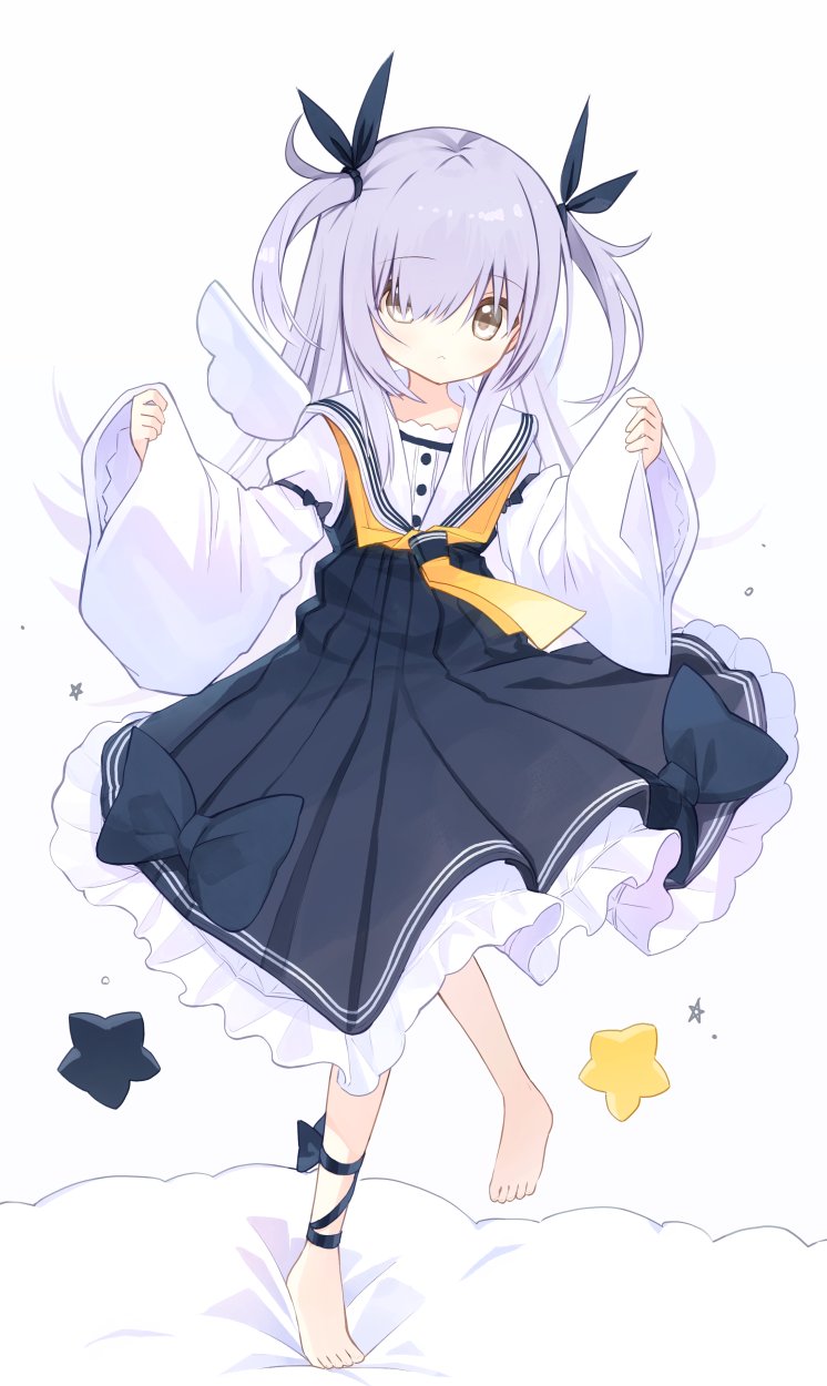 1girl :&lt; barefoot black_bow black_dress black_ribbon bow ciela_(yuuhagi_(amaretto-no-natsu)) closed_mouth commentary_request dress grey_eyes grey_hair hair_over_one_eye hair_ribbon highres long_hair long_sleeves looking_at_viewer original pinching_sleeves pleated_dress ribbon sailor_collar sailor_dress shirt simple_background sleeves_past_wrists solo standing standing_on_one_leg star_(symbol) two_side_up white_background white_sailor_collar white_shirt wide_sleeves yuuhagi_(amaretto-no-natsu)