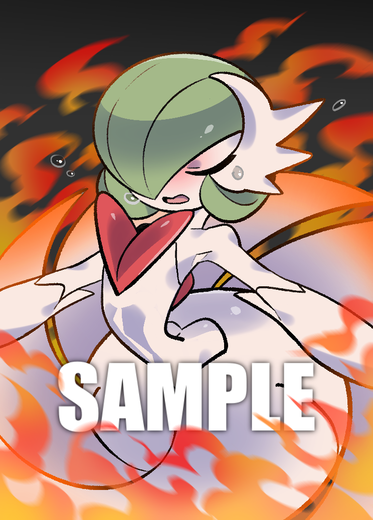 1girl arched_back armpits bare_shoulders blush bob_cut closed_eyes colored_skin commentary dress elbow_gloves english_commentary english_text fire flat_chest frost_monodie gardevoir gloves green_hair hair_over_one_eye hot long_dress mega_gardevoir mega_pokemon motion_blur nose_blush one_eye_covered open_mouth outstretched_arms pokemon pokemon_(creature) sample_watermark short_hair solo spread_arms strapless strapless_dress sweat u_u white_dress white_gloves white_skin