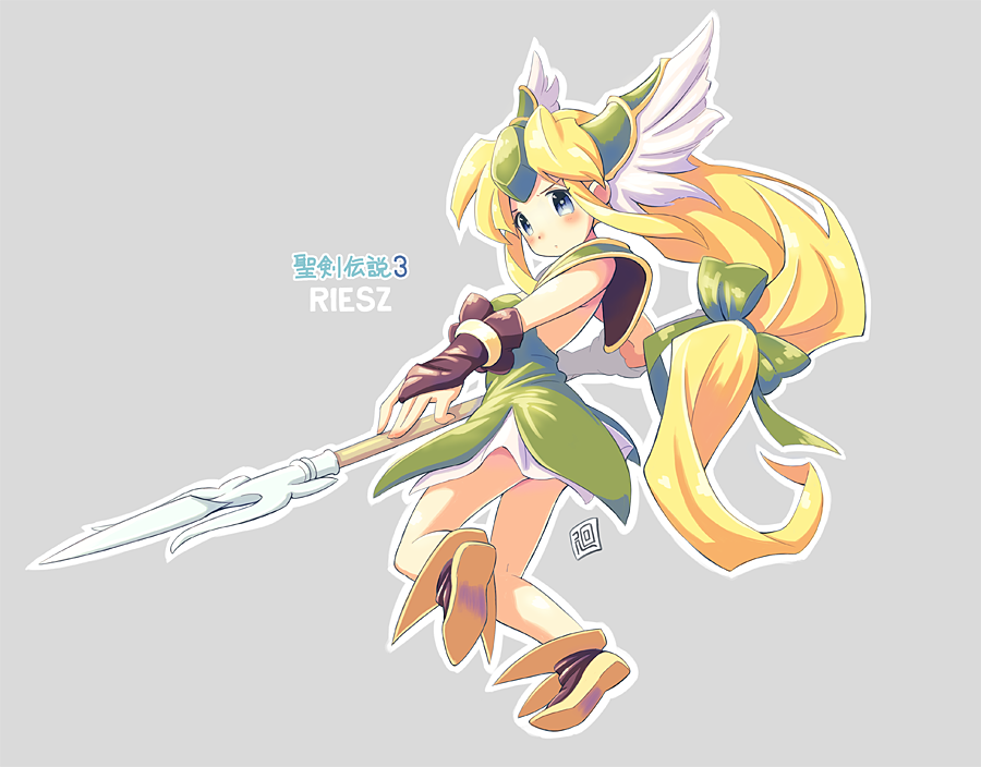 1girl blonde_hair blue_eyes bow bridal_gauntlets brown_footwear character_name circlet closed_mouth copyright_name dress full_body green_bow green_dress grey_background hair_bow head_wings holding holding_polearm holding_weapon long_hair looking_at_viewer mawaru_(mawaru) outline polearm riesz seiken_densetsu seiken_densetsu_3 shoe_soles simple_background solo very_long_hair weapon white_outline white_wings wings