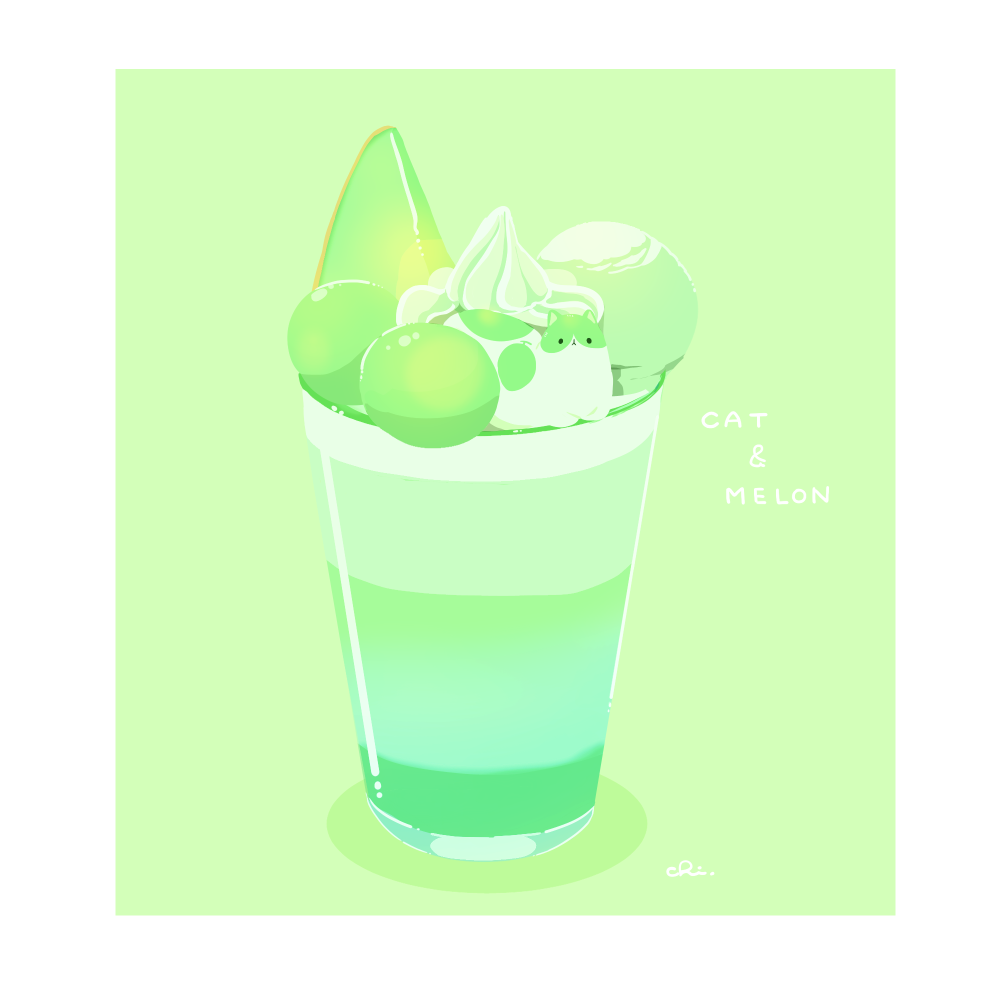 artist_name cat chai_(drawingchisanne) drink food food-themed_creature food_focus fruit green_background melon no_humans on_food original simple_background sitting_on_food undersized_animal whipped_cream
