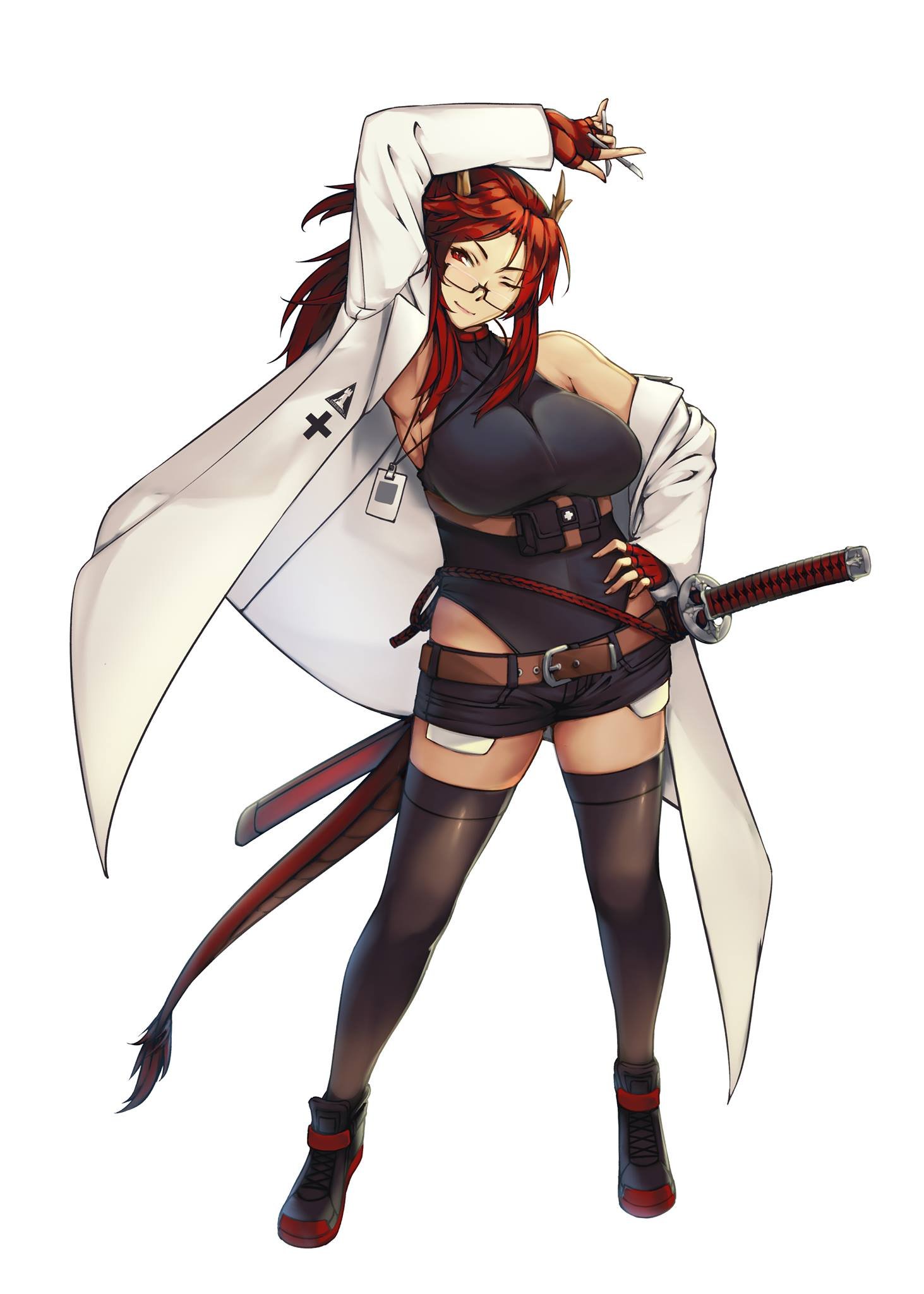 arknights belt black_leotard black_thighhighs breasts coat commentary english_commentary fingerless_gloves full_body glasses gloves highres horns katana lab_coat large_breasts leotard long_hair nachtness off-shoulder_coat off_shoulder one_eye_closed original redhead rhodes_island_logo shorts sword tail thigh-highs weapon